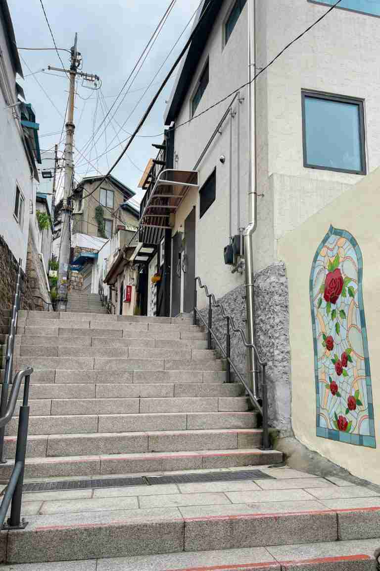 One of the steep stairs in the Ihwa Mural Village