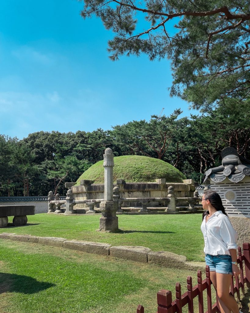 Petra, the author, looks toward one of the grassy Seolleung and Jeongneung royal tombs surrounded by stone monuments and pine trees. The UNESCO World Heritage site was the first historical stop on her private tour around Gangnam.