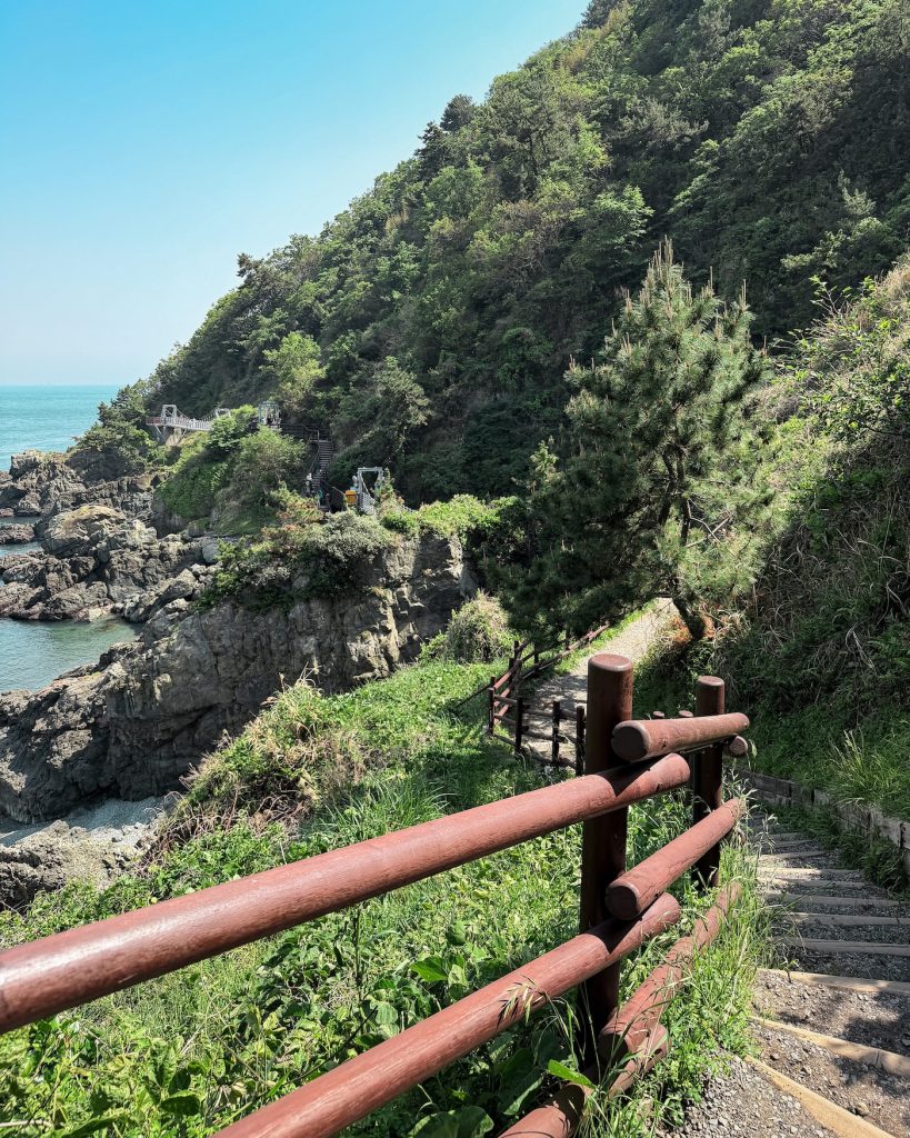 View along the earlier section of Igidae Coastal Trail, with wooden railings and stairways descending through green vegetation above rocky seaside cliffs. The path winds toward observation bridges overlooking the shoreline.
